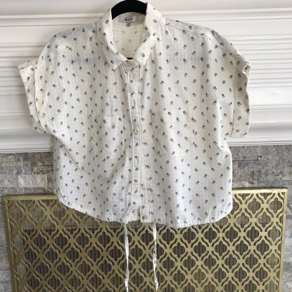 Madewell White Embroidered Tie-Waist Blouse – Short Sleeve Button Front Top
